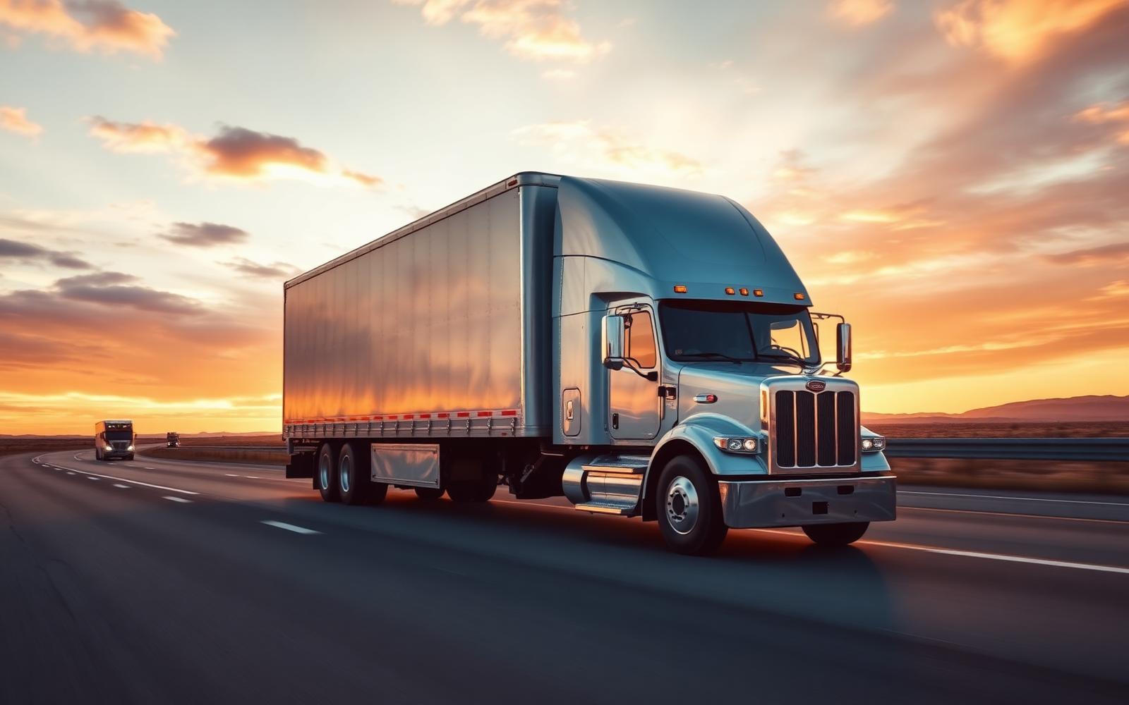 Long distance moving truck on the highway at sunset